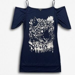 Mi Manchi Black Y2K Cold Shoulder Leopard Graphic Top Silver Foil Wild World M